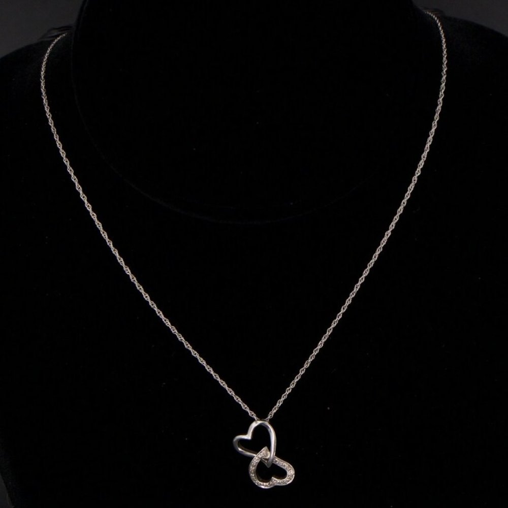 Sterling Silver Diamond Heart Necklace Diamond Accent Double Heart Pendant 18.5" - Picture 2 of 3